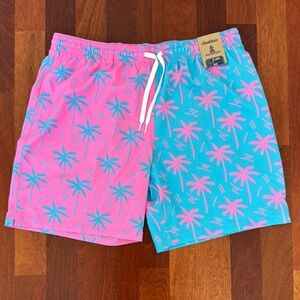 NWT. Chubbies Men's Pink and Blue Palm Tree Swim Shorts. 7” inseam. XXL